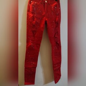 Stylish Red Distressed Women's Jeans
